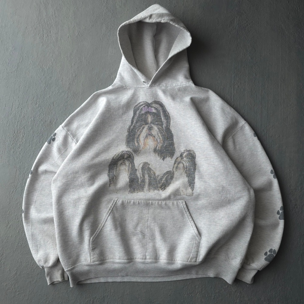 Vintage 2000s Jerzees Grey Hoodie 2X Shih Tzu Dog Graphic Paw Prints